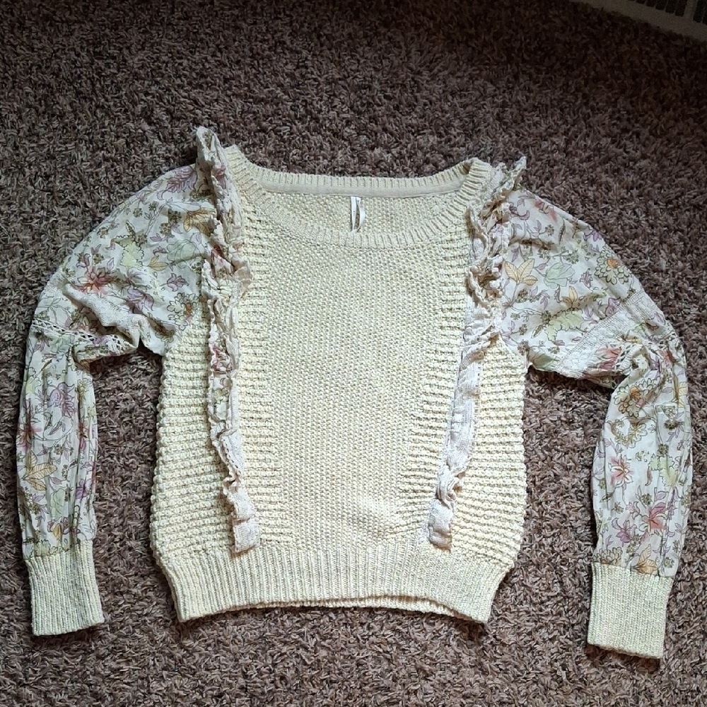 Anthropologie Cream Crew Neck Sweater with Textured Design
